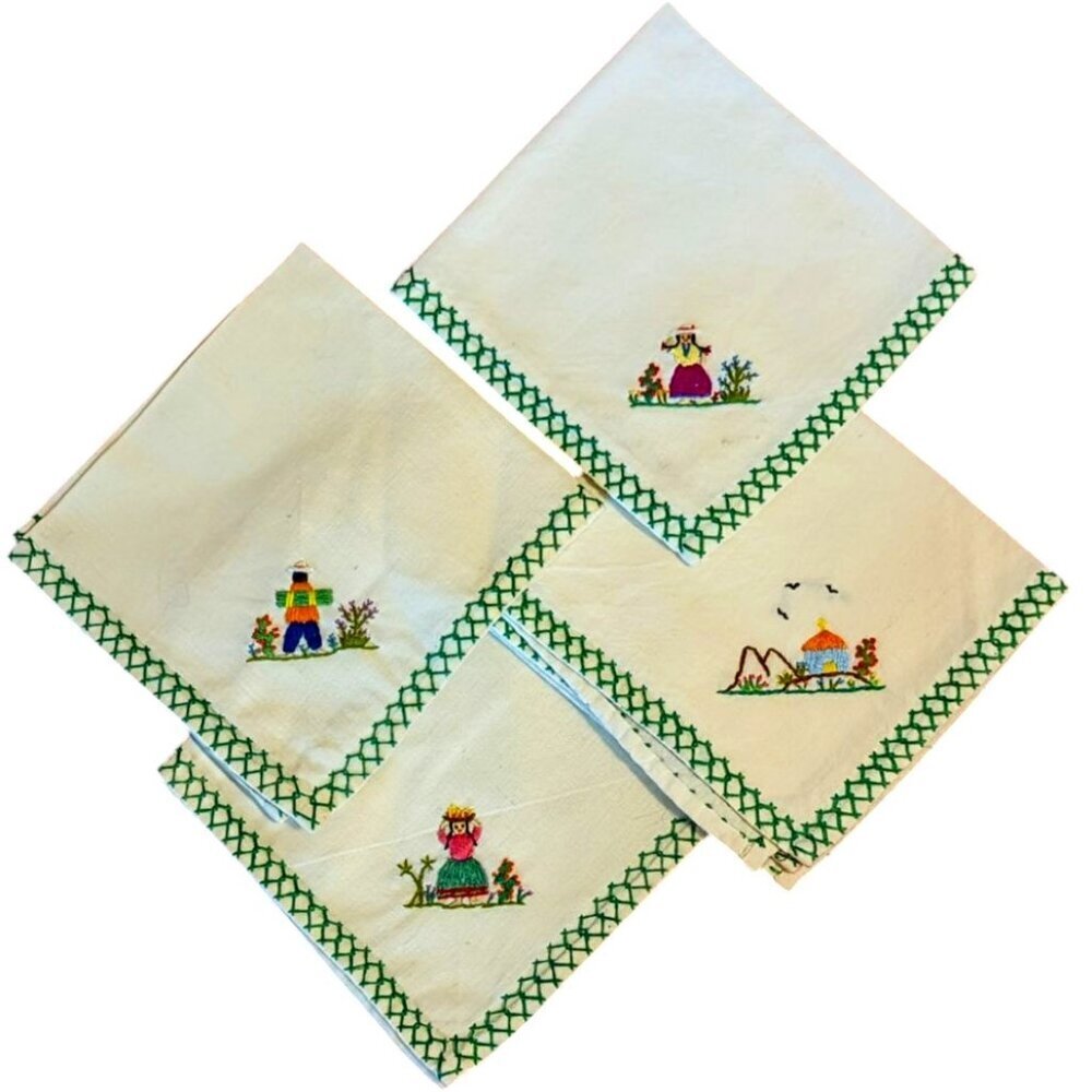 Handmade Embroidered Folk Art‎ Napkins Handkerchiefs Guatemalan 4 Ct Cottagecore